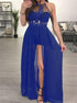 A Line Royal Blue Embroidery Halter Chiffon Prom Dress LBQ2408